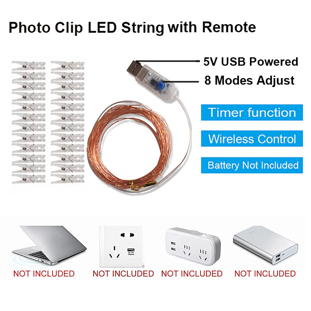 Герлянда для декора led string 2 м/5 м/10 м USB светодиодный гирлянда для использования вне помещения Рождественская медная проволочная Гирлянда для фото клип Декор гирлянды батарея Фея цепь лампы герлянда гирлянда на