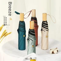 wooden handle solid color vinyl triple folding umbrella sun protection rain dual use accordion insert gift umbrella triple