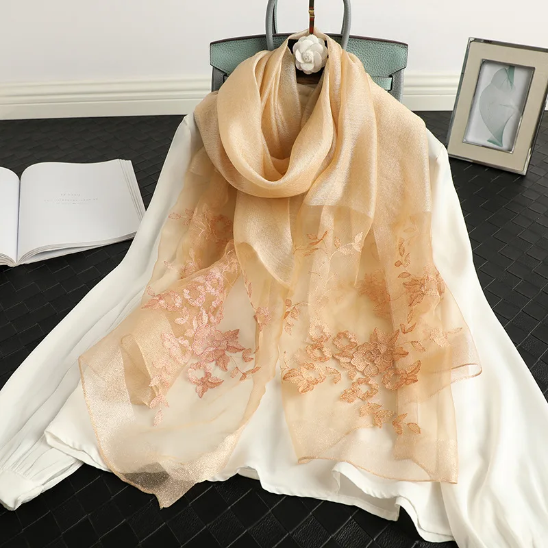 

New Chiffon Scarf Women Spring Summer Silk Scarves Thin Flower Shawls White