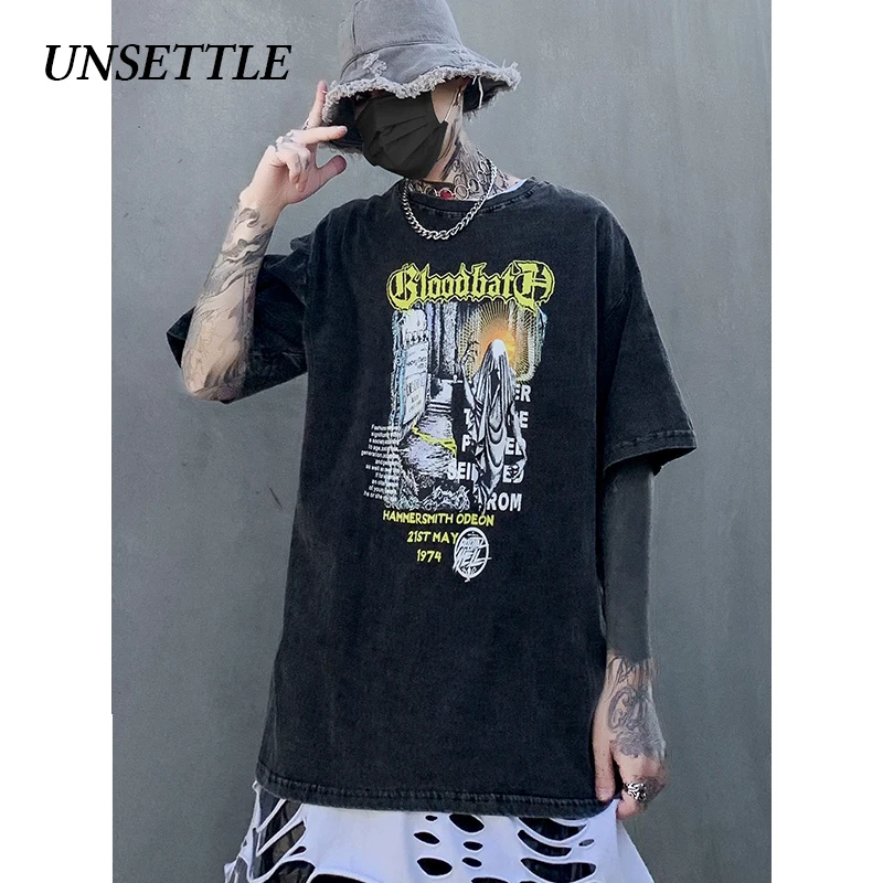UNSETTLE Готическая футболка большого размера для мужчин/женщин хип-хоп модный принт