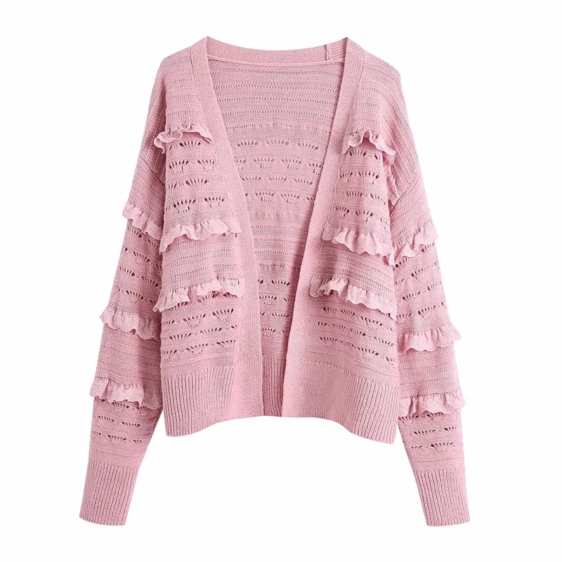 

ZA 2021 summer new women's clothing fashion all-match close-fitting fashion pink texture knitted cardigan coat for women