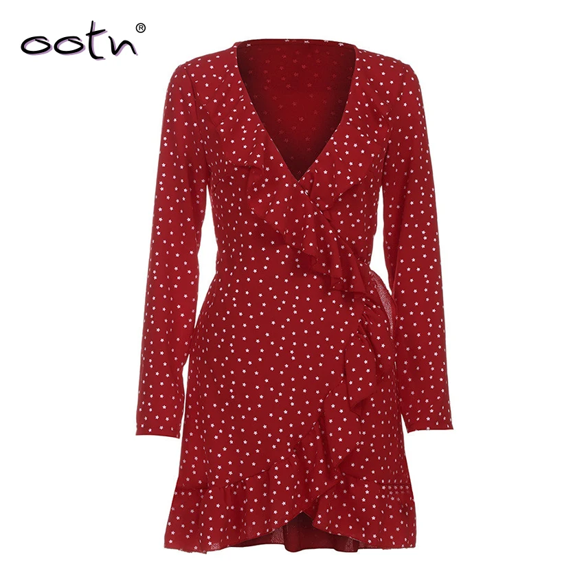 OOTN плиссированное платье с запахом от солнца, красное женское платье с длинным рукавом, Мини Короткое платье со звездами, винтажная туника для женщин, лето, сексуальное, черное, синее