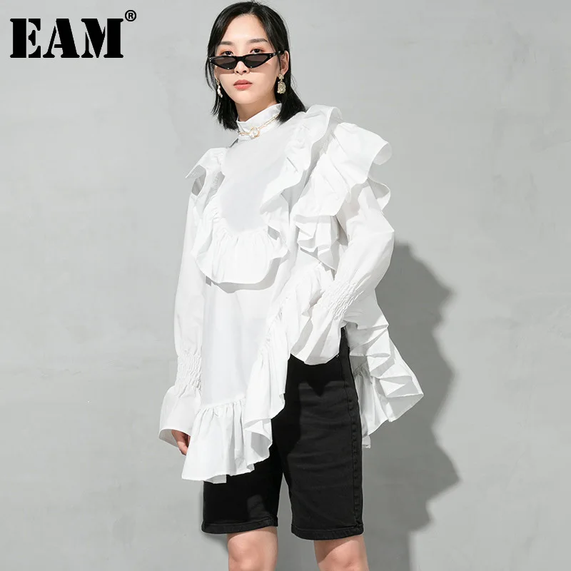 

[EAM] Women Asymmetrical Big Size Black Blouse New Half Stand Collar Long Sleeve Loose Shirt Fashion Spring Autumn 2022 1DD4507