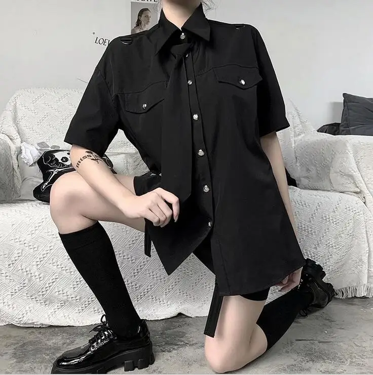 

MAGOGO New Tie Shirt Female Japanese College Style JK Shirt Black Port Flavor INS Loose Shirt