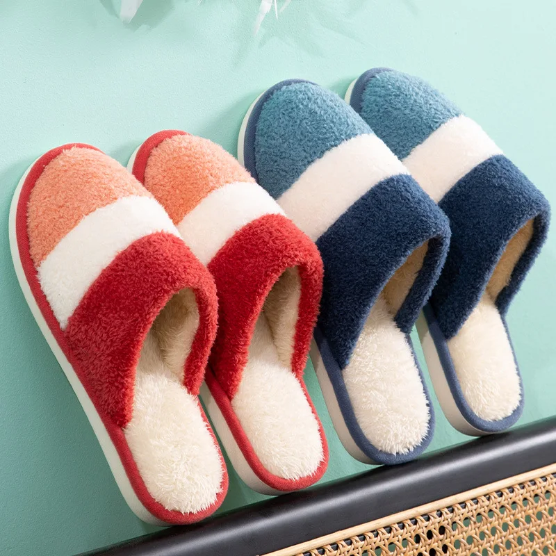 

Women Stripe Slippers Fur Winter Warm Home Couple Shoes Living Room Autumn Casual House Slippers Bathroom Footwear 2022 New