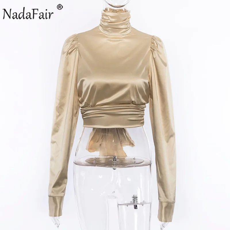 Женская атласная блузка Nadafair с высоким воротом длинным рукавом открытой спиной и