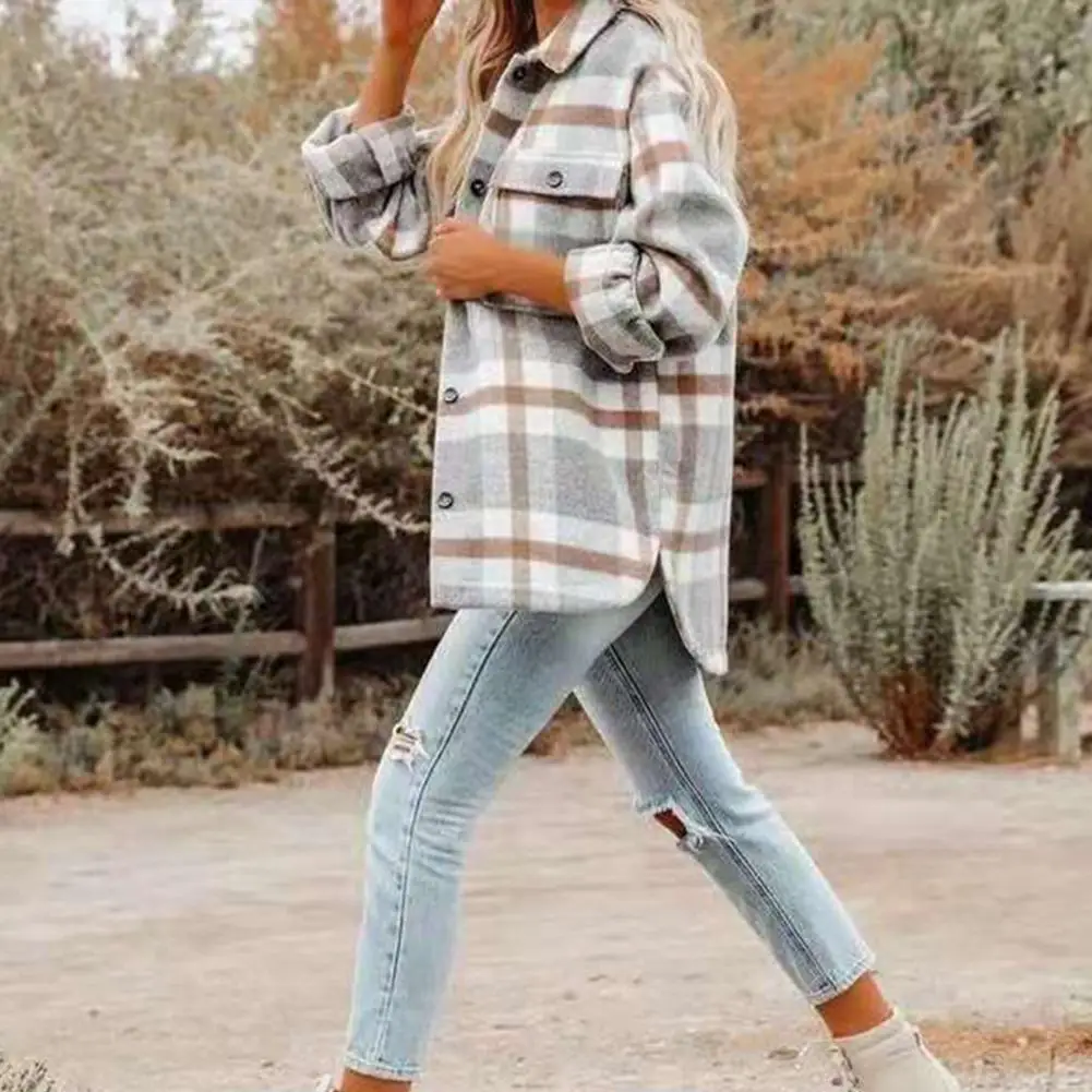 

Верхняя одежда, Женское пальто с отложным воротником, теплое клетчатое пальто-рубашка с принтом