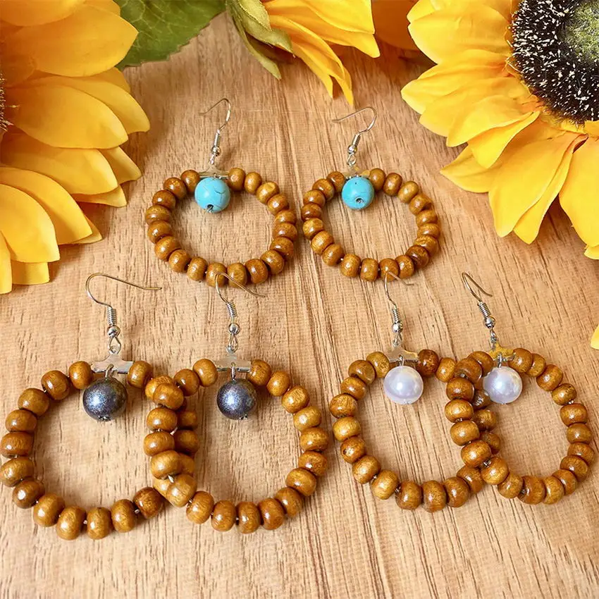 

Pearl Turquoise Beads Embellished Wood Beaded Circle Drop Earrings for Women Fashion Beadwork Earrings Jewelry Wholesale