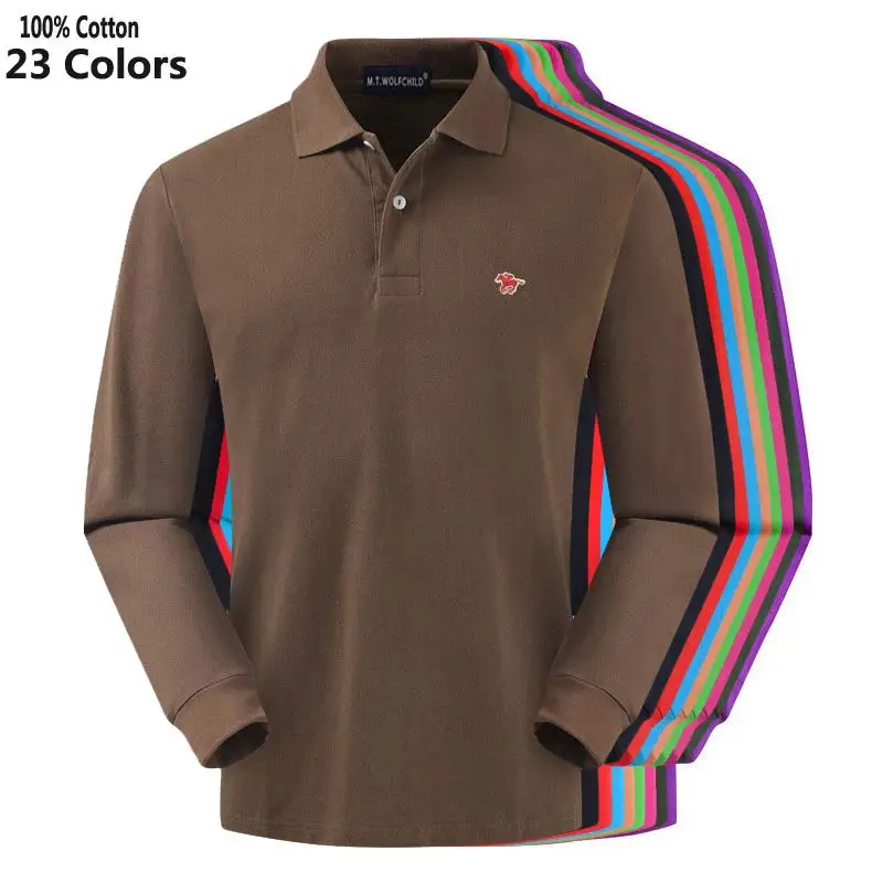 Модные брендовые мужские рубашки поло с длинным рукавом 100% хлопок однотонные