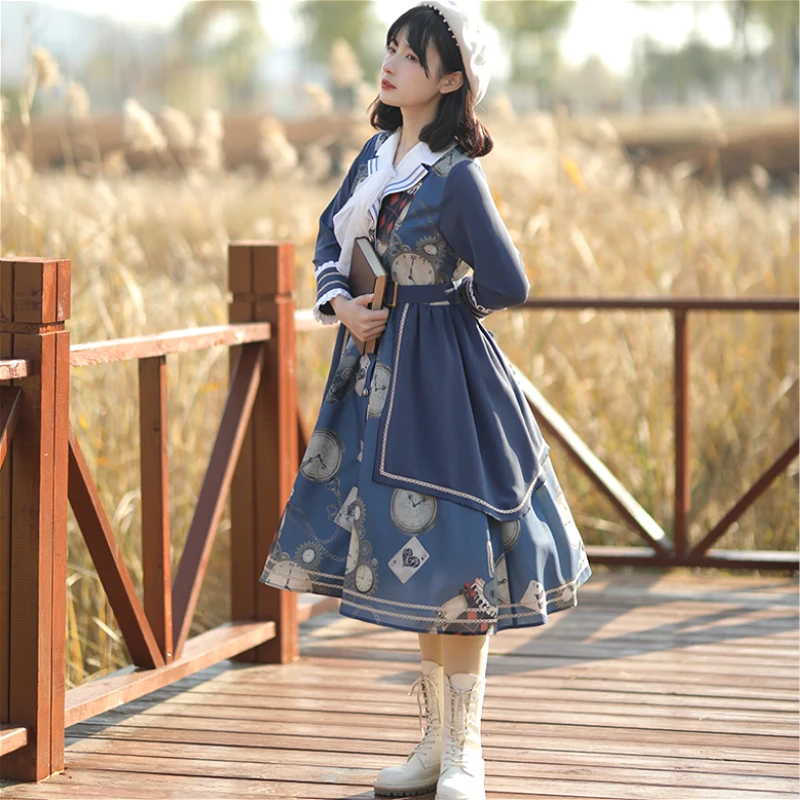 Ретро V-образный вырез отворот Лолита Кролик стимпанк принт Op платье Кардиган