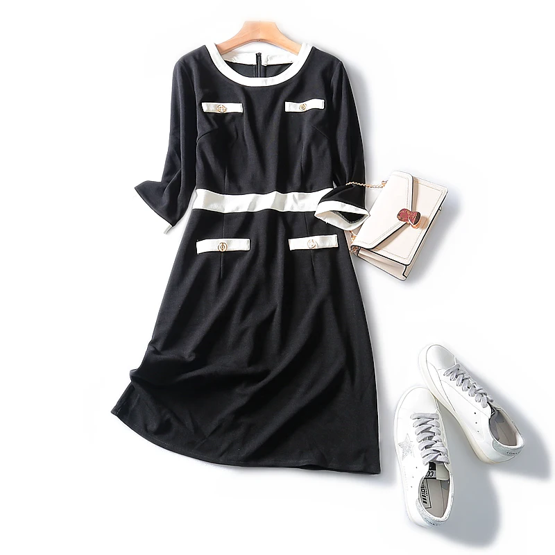 2019 Новое интеллектуальное классическое черно белое платье с круглым вырезом и