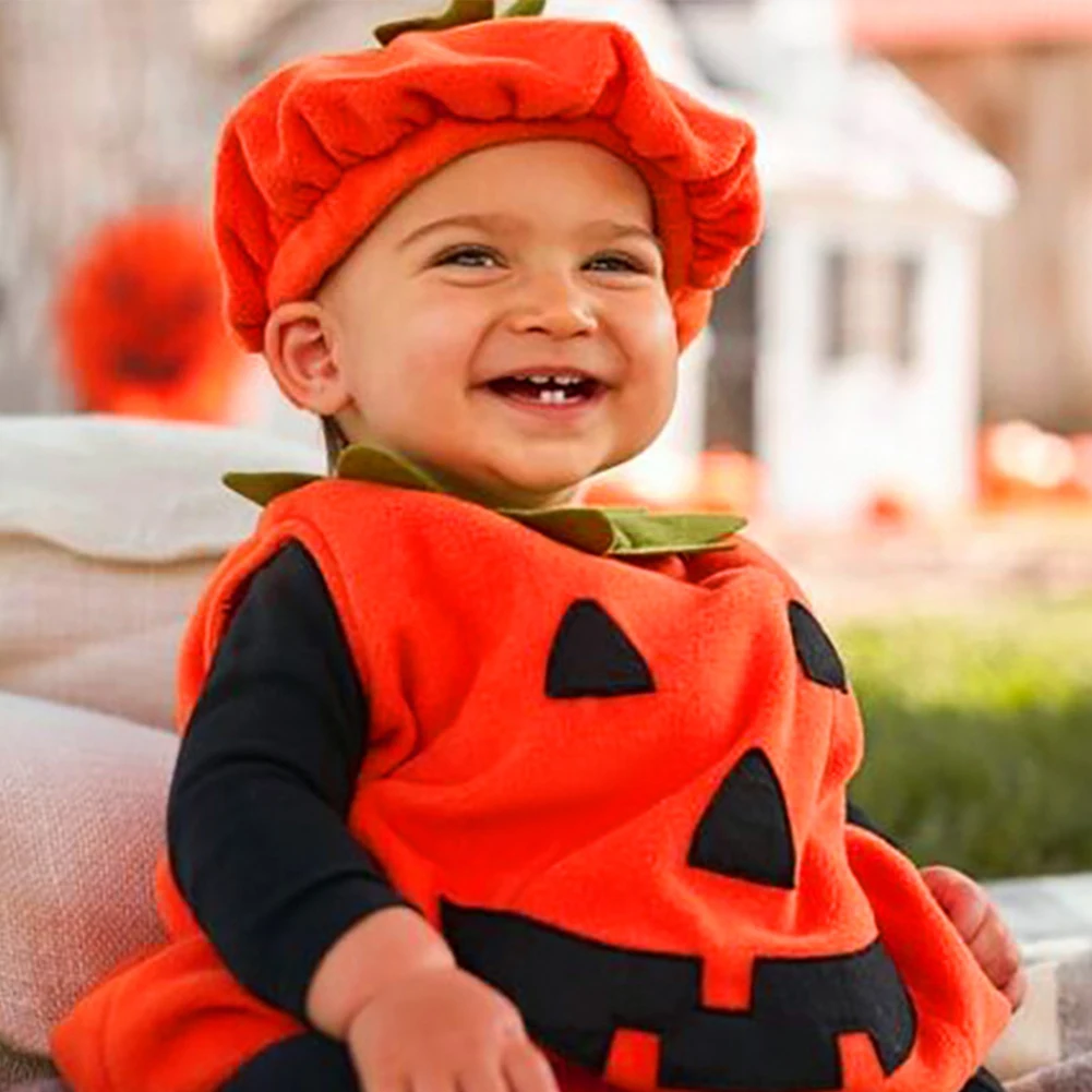 

Jumpsuit Party Cartoon Soft Toddler Dress Up Sleeveless Kids Halloween Costume With Hat Cute Pumpkin Plush Baby Outfits Cosplay