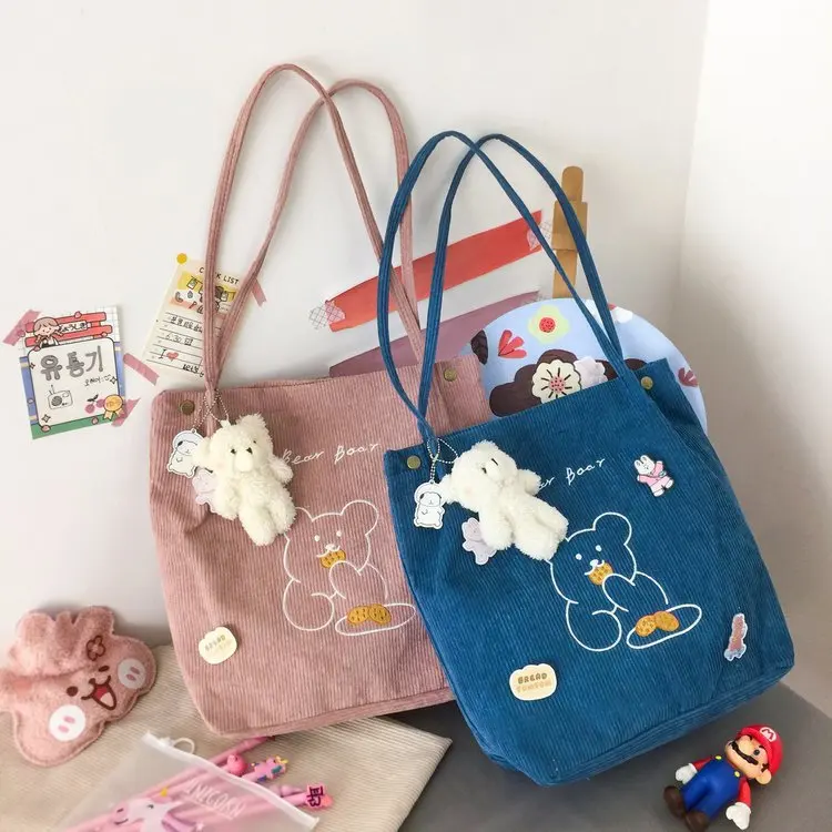 

Winter Corduroy Embroidery Shoulder Bag Women Cute Bear Cross Body Bag Animal Print Shopping Storage Bag Handbag Totes