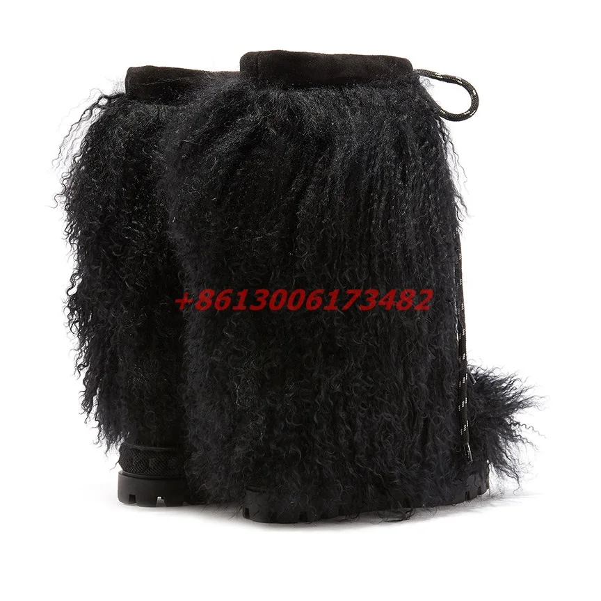 Женские зимние сапоги на танкетке черные теплые из чистой шерсти с двойной