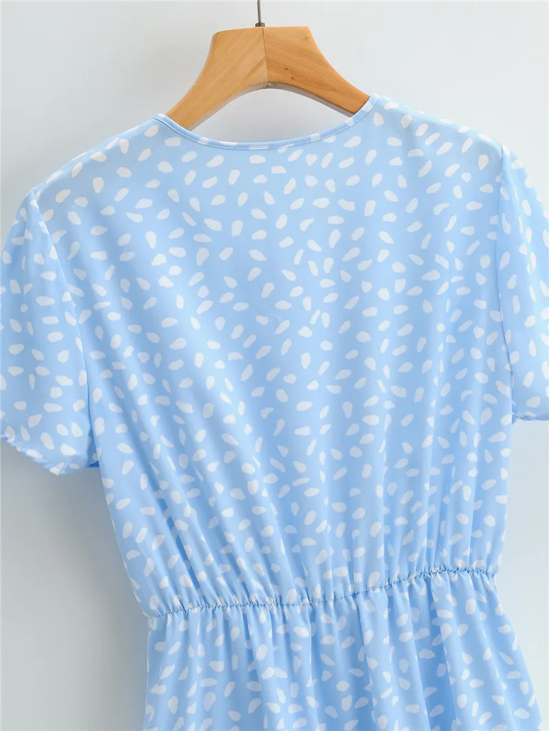 

Summer Ladies Mini Dress Vestidos Women Blue Dots Print Dress V Neck Short Sleeve Strethy Waist
