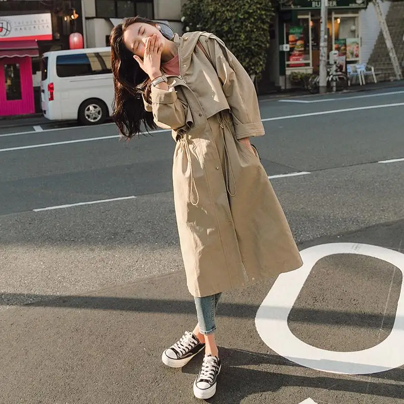 

Long Windbreaker Women Hooded Adjustable Waist Khaki Trench Coat with Flaps Lady Cloak Duster Coat Female Outerwear