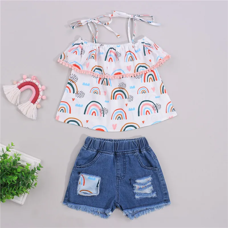 

Одежда для девочек, топы на завязках с принтом, рваные короткие джинсы с кисточками, одежда для маленьких девочек