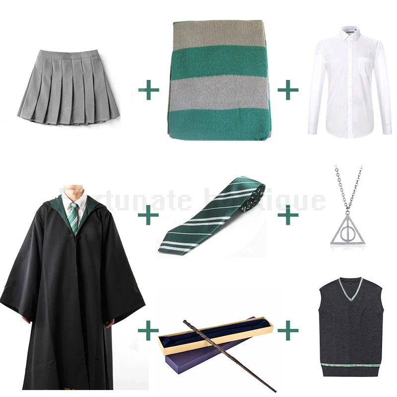 

Free Shipping Cosplay Costume Robe Cloak Pullover Sweater Shirt Necktie Scarf Necklace Metal Core Wand Adult Kids Party Cosplay