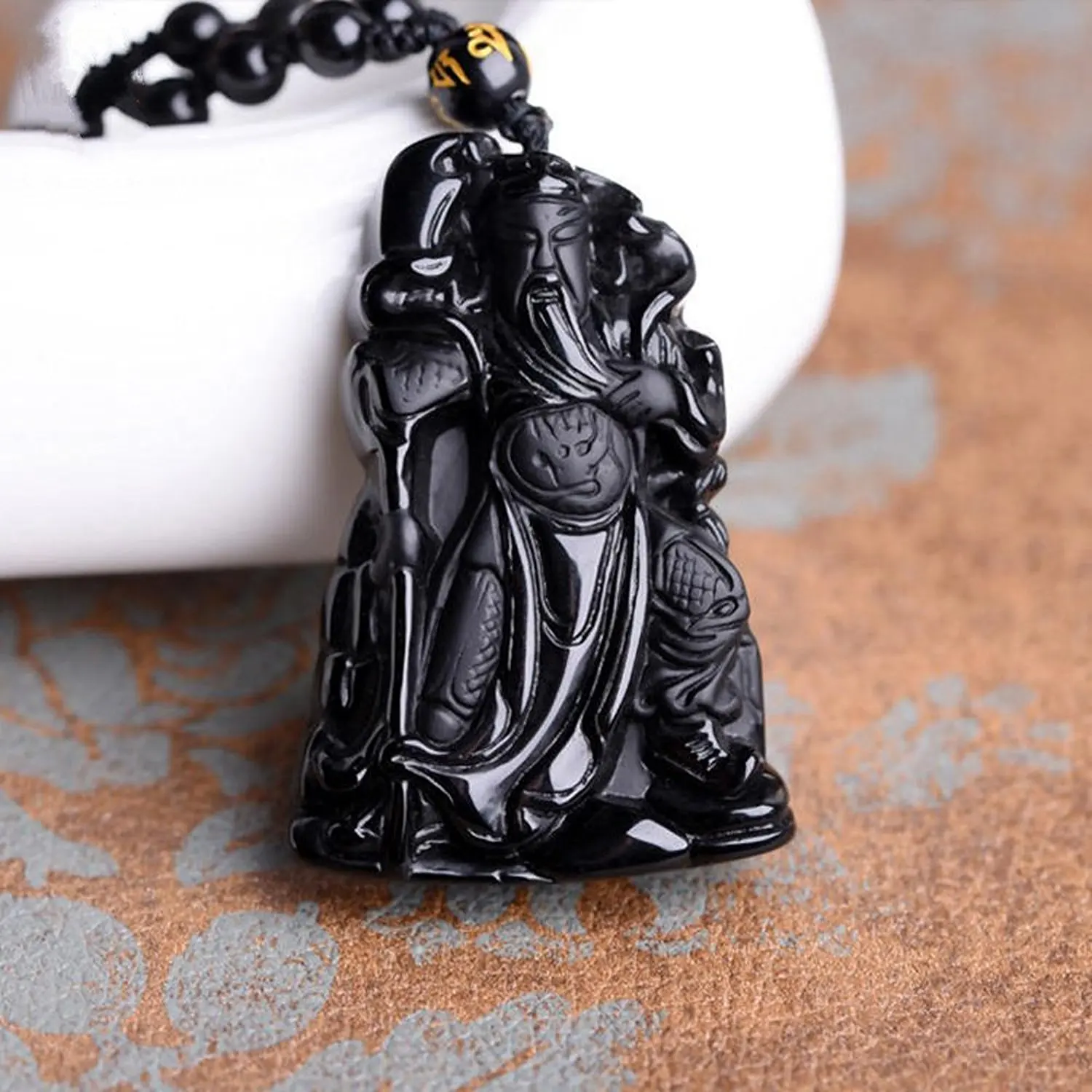 LETSFUN Изящные ювелирные изделия ручной работы резной природный обсидиан Гуань Юй