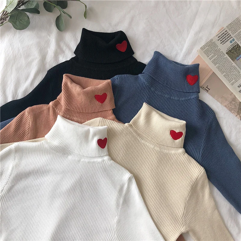 

2021 Knitted Women Sweater Ribbed Pullovers Heart Embroidery Turtleneck Autumn Winter Basic Women Sweaters Fit Soft Warm Tops