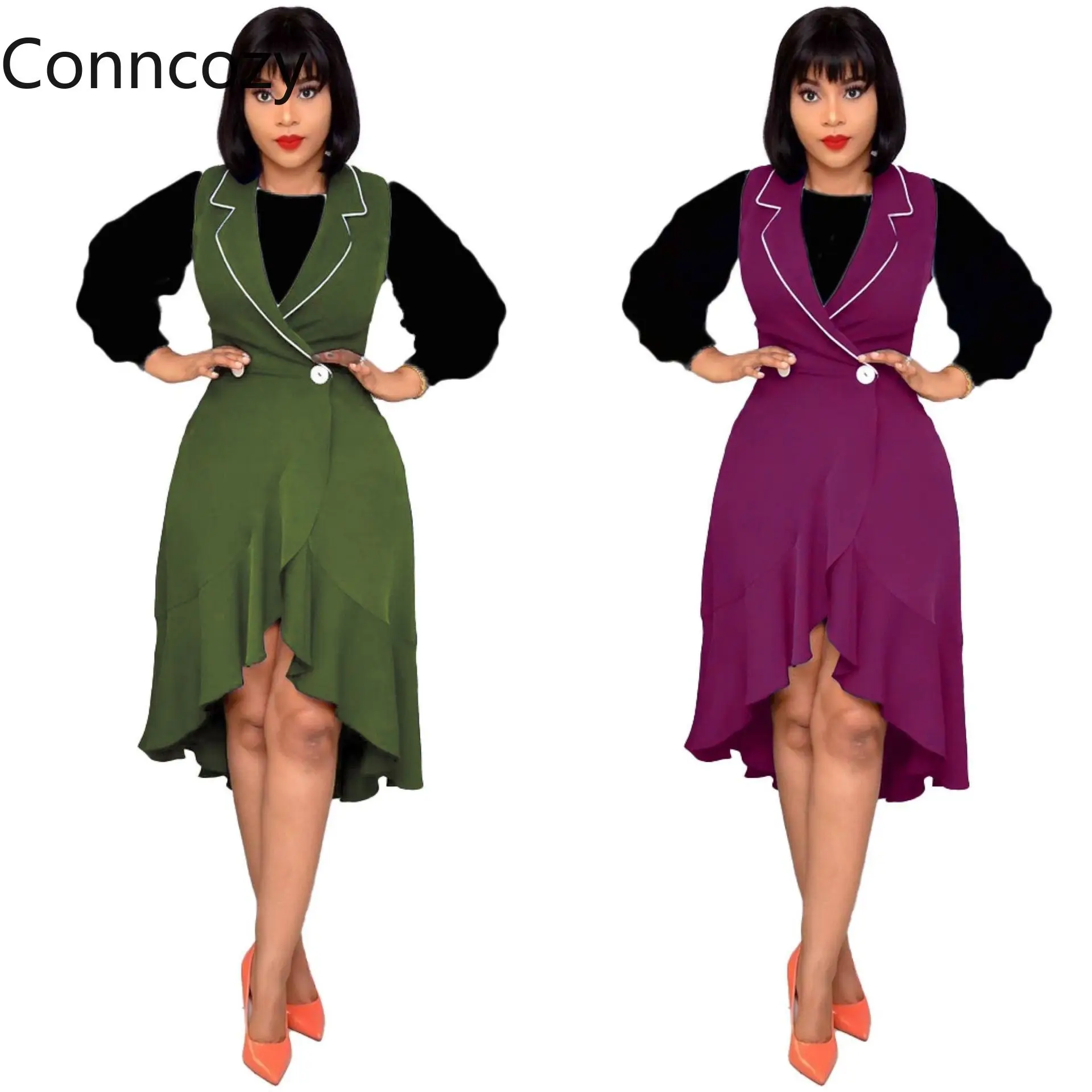 

Irregular A Line V Neck Two Piece Set Dress Women's Clothing Elegant Office Lady Fashion African Slim Autumn Spring Dress Green
