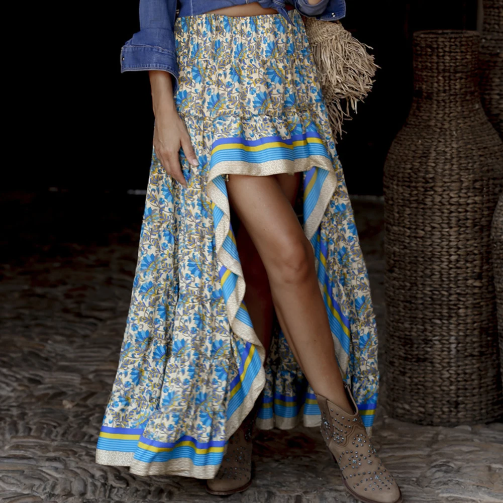 

Women Stylish Irregular Side Elastic High Waist Ethnic Floral Print High Low Hem Long Skirt Summer Beach Charming Skirt