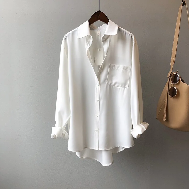 

UVRCOS Elegant French Shirt Women 2021 Spring Autumn New Korean Chic Pure Color Simple Temperament Long-Sleeved Lapel Shirt