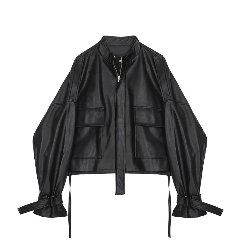 Korean Black Loose Version Slim Stand Collar Leather Jacket Women's Short 2021 Fashion Spring New Drawstring Strap Pu Coat