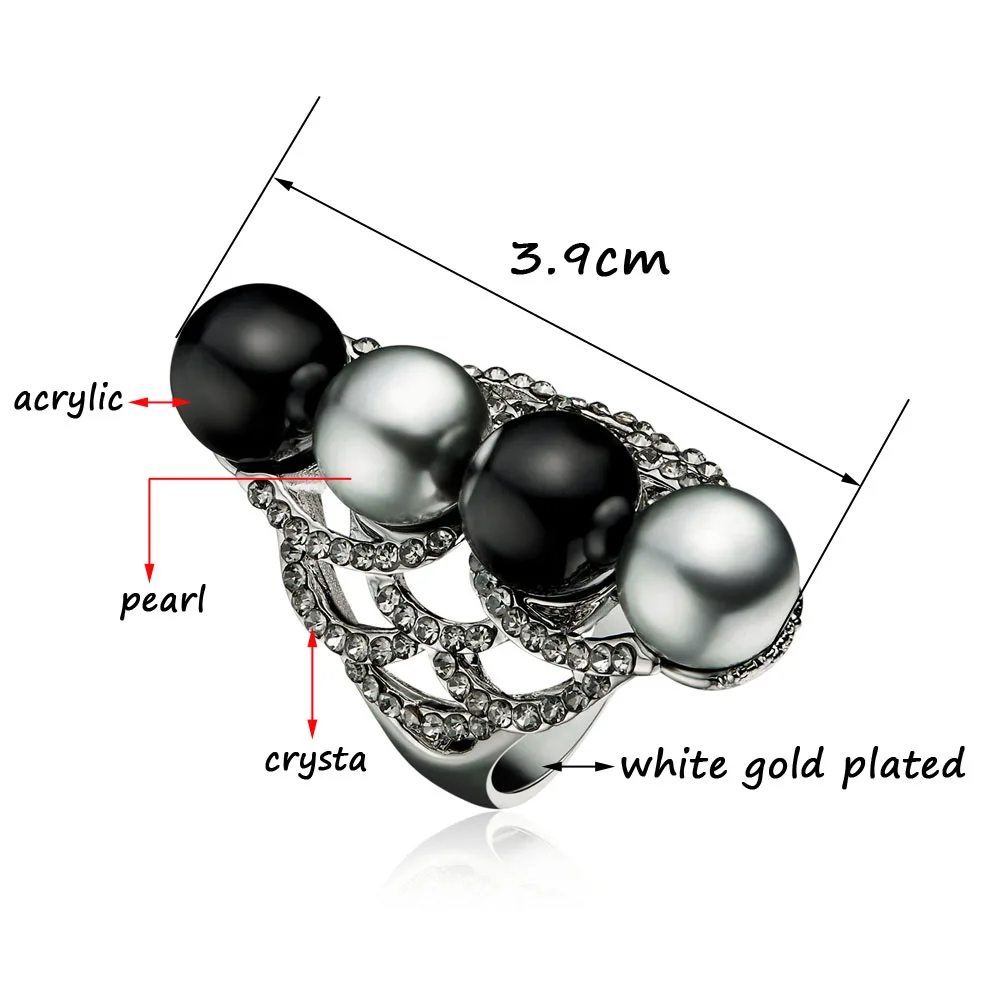 

SINLEERY Unique Women Black Acrylic Ball With Gray Simulated Pearl Long Rings Silver Color Crystal Cocktail Jewelry Jz168 SSA