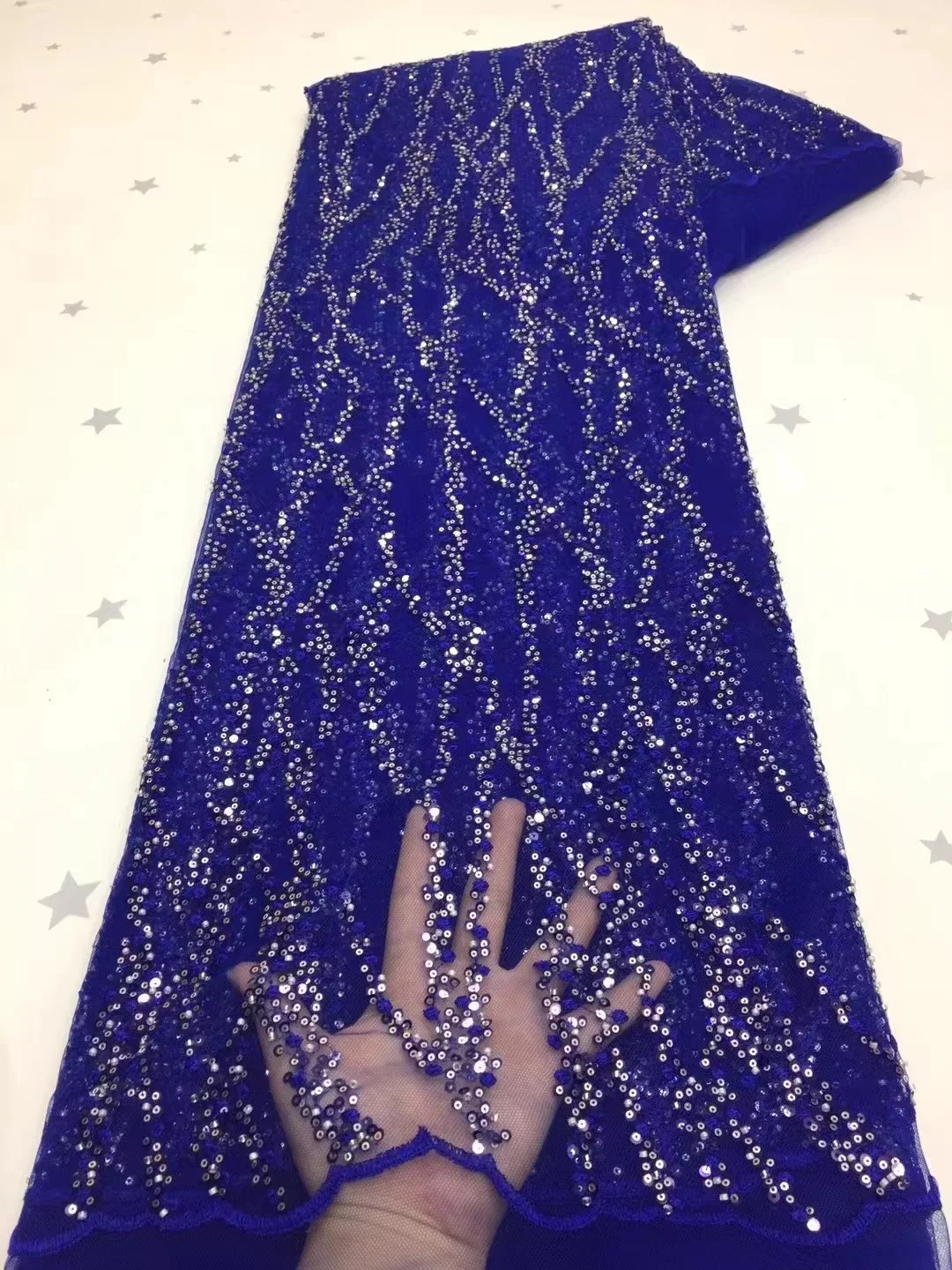 

Latest design Beaded french Tulle lace fabric royal blue5 yards sequins nigerian tulle lace fabric embroidery mesh lace fabric