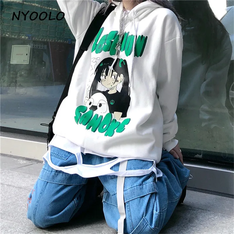 NYOOLO Harajuku стиль аниме девушка буквы печати Свободные теплые толстовки осень зима с капюшоном плюс бархат пуловер Толстовка для женщин мужчин