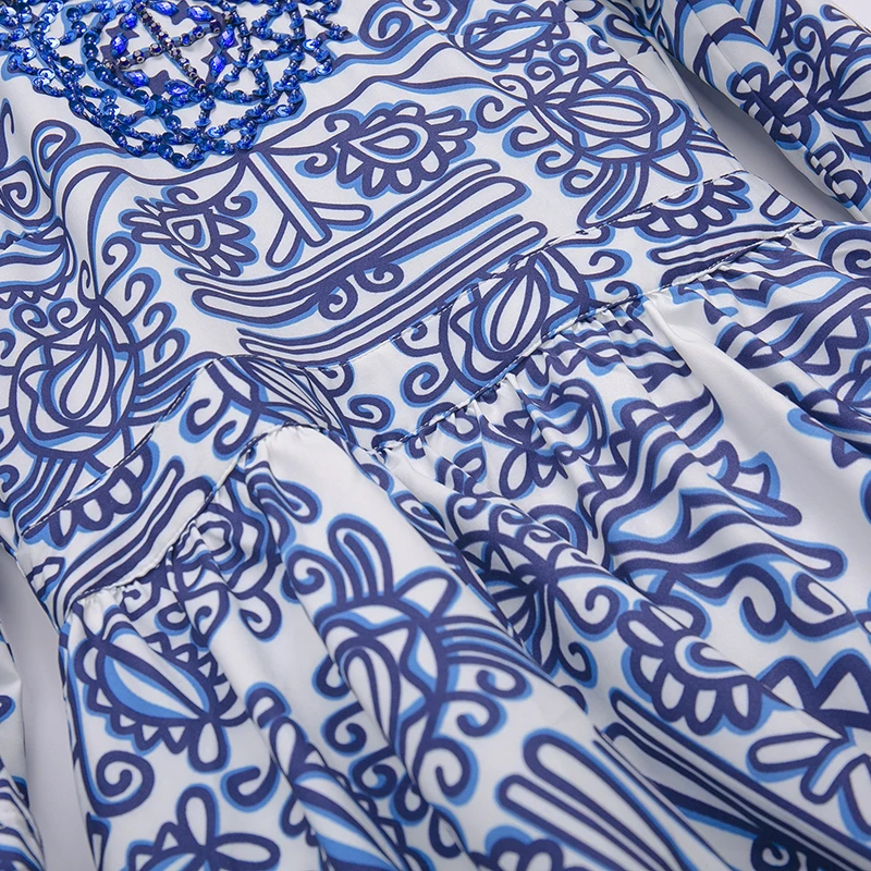 

Luxury Beading Cascading Ruffles Elegant Holiday Dress Autumn Vintage Blue Print Long Dress Women Fashion Runway