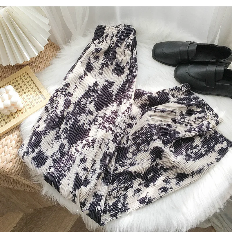 

KUSAHIKI Korean Velour Printing Women Pants High Waist Causal Long Trousers Spring New Elegant Wide Leg Pants 2021 New 6E909