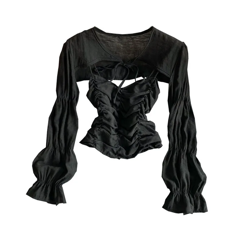 

Sunscreen Smock Top Women's Puff Sleeve Design Short Sling Open Navel Pleated Tank Top Vest Holiday Beach Travel Two Piece Set