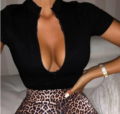 

2020 New Fashion Slim Zipper T-shirt Women's Women's Corset Top Turtleneck Women's Short Top T-shirt Solid Color Shirt White