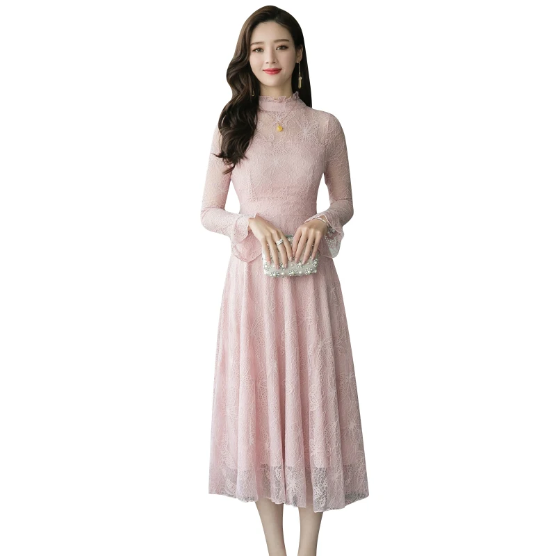 

2021 Korean Women Elegant Bodycon Pink Dress Party Casual Runway Vestidos Spring Winter New Vintage Black Sexy Lace Midi Dresses