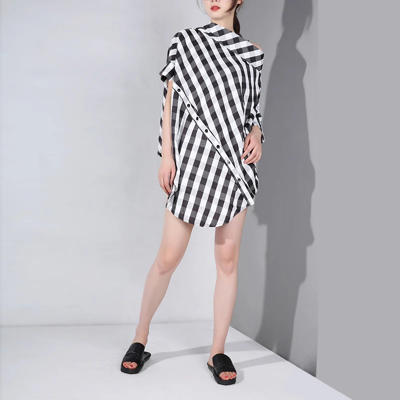 Женская Асимметричная рубашка EAM черная клетчатая блузка большого размера с