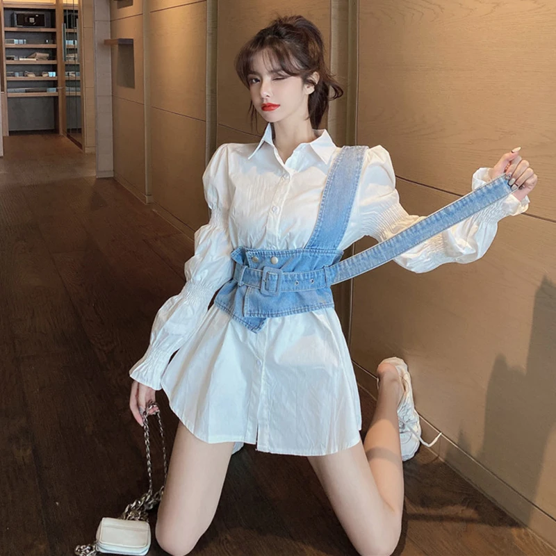 Женское короткое платье с пышными рукавами белое однобортное платье-рубашка