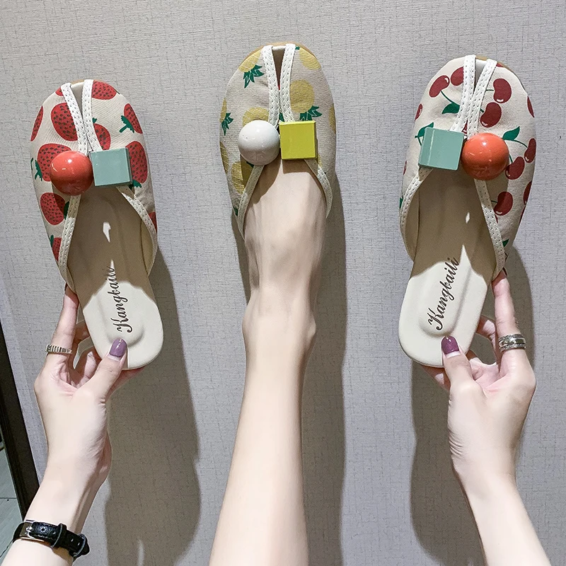 Women Mules Closed Toe Cloth Shoes Round Toe Backless Casual Flat Slippers Comfortable Slip on Print Color Summer Beach