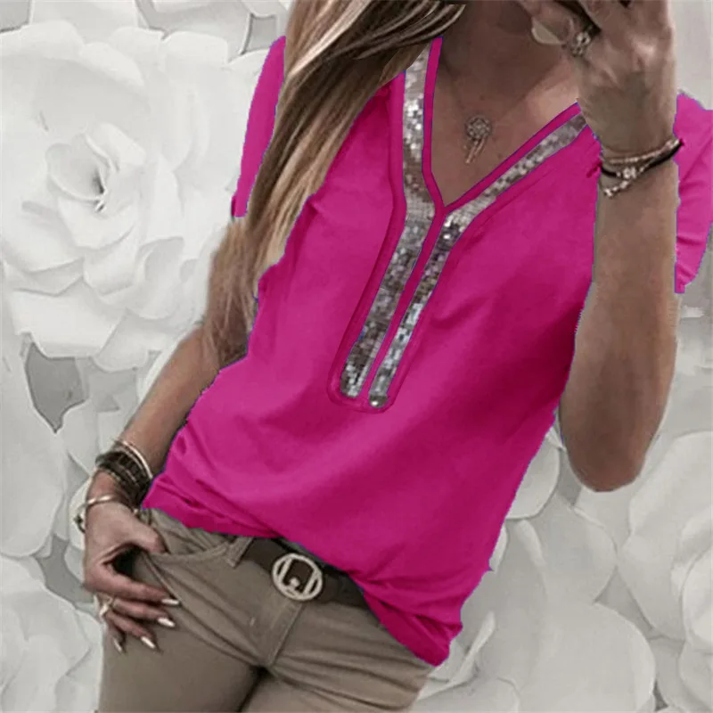 

402# e color puro con cuello en V, manga corta, vestidos de talla grande de metal LDM190306