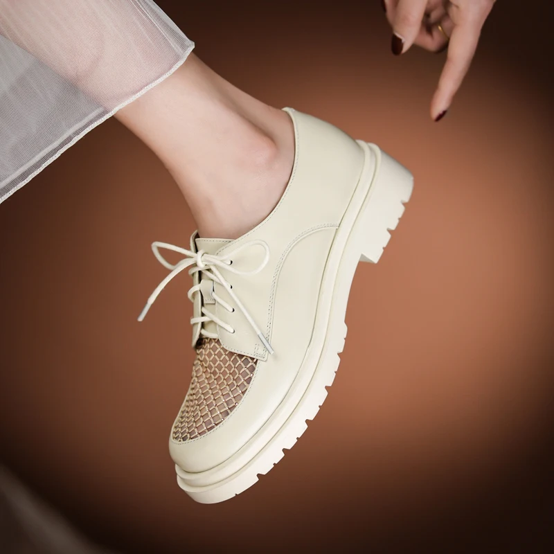 

Genuine Leather Spring 2021 Women Shoes Round Toe Lace-Up Platform Shoes and Mesh Diamond Fashion All-match Small Leather Shoes