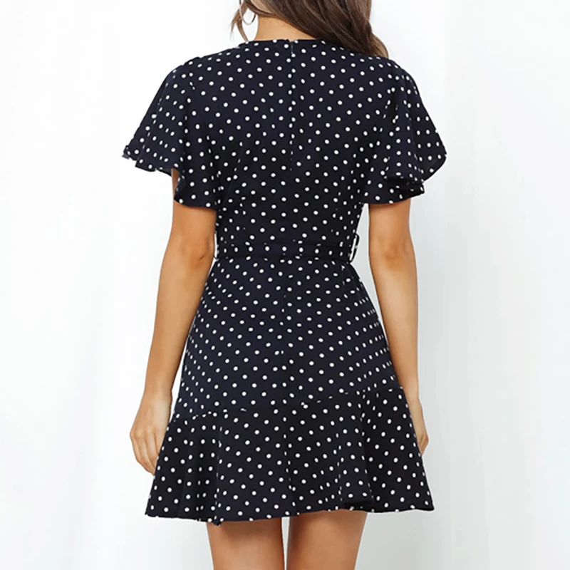 

Women Polka Dot Casual Dress V Neck Ruffles A Line Dress Summer Butterfly Short Sleeve Boho Beach Mini Dress Lady Vestidos Mujer