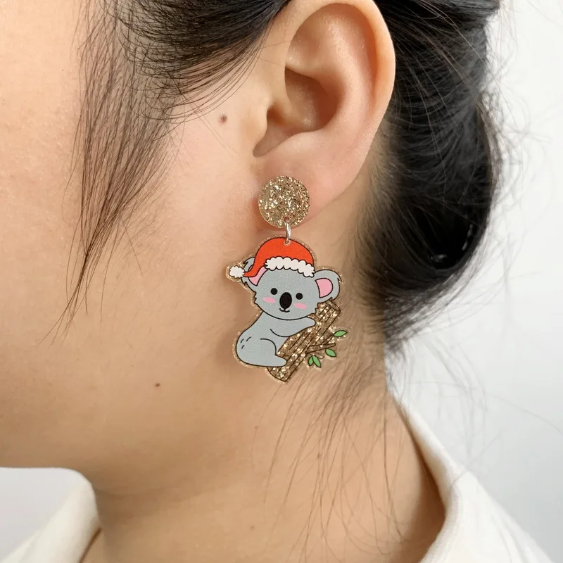 Новые милые серьги Koala с рождественской шляпой для женщин блестящие акриловые