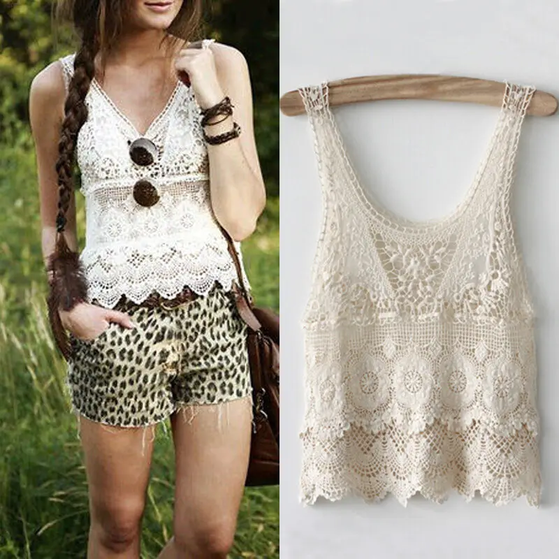 Женская летняя сексуальная шикарная Бохо крючком кружевная бежевая жилетка