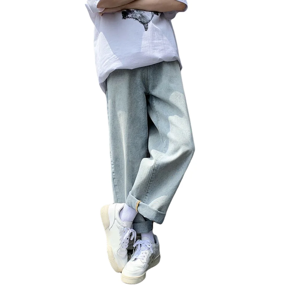 Wholesale Jeans Men Straight Loose Popular Korean Teenagers Student Ankle Length Pants Men Solid Denim Trousers