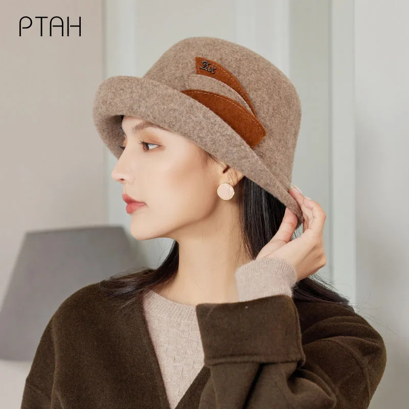 

[PTAH] Woolen Fedoras For Women's British Style Vintage Church Hats Temperament Gentleman Elegant Winter Warmer Soft Tweed Hats