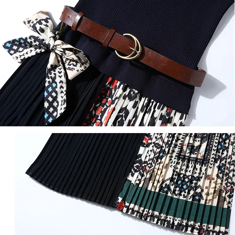 Женское трикотажное платье с поясом элегантное плиссированное в стиле ретро