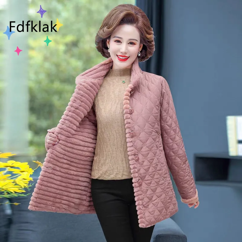 Fdfklak 5XL Mother Gift Plus Velvet Warm Cotton-Padded Jacket Button Quilted Fleece Fabric Coat Top Camisole Jaqueta Feminina