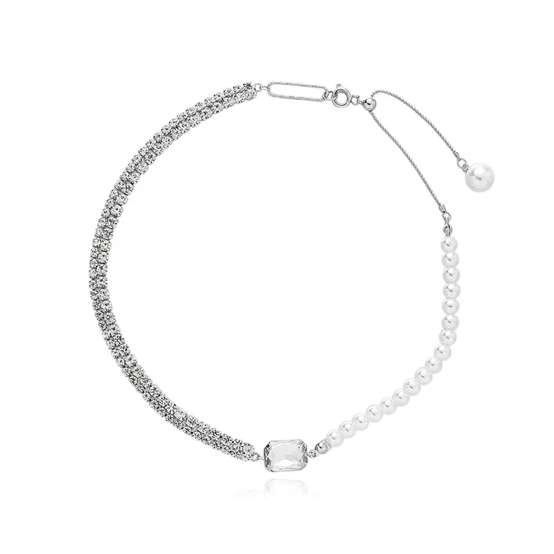 

Women's high-end faux pearl stitching necklace female niche clavicle chain net red double rhinestone crystal necklace