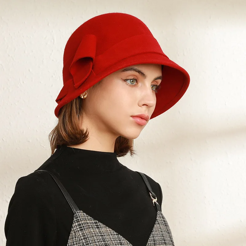 

Autumn Big Bow Pure Wool Hat Women Painter Dome Hat Winter Warm British Retro Designer Hat Red Wholesale Hats for Women Fashion